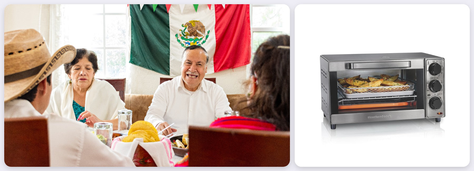 Familia mexicana celebrando el Día de la Independencia con una cena tradicional, junto a una freidora de aire Hamilton Beach